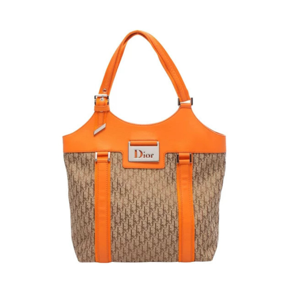 Christian Dior Street Trotter Tote Bag Canvas Leather Beige Cream Orange
